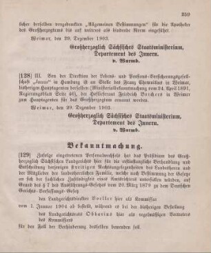 128. Ministerialbekanntmachung, betreffend Wechsel in der Hauptagentur der Lebens- und Pensions-Versicherungsgesellschaft "Janus" in Hamburg