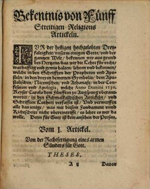 Bekentnis Von Fünff Sreittigen [!] Religions Artickeln Durch Die Theologen zu Jhena gestellet