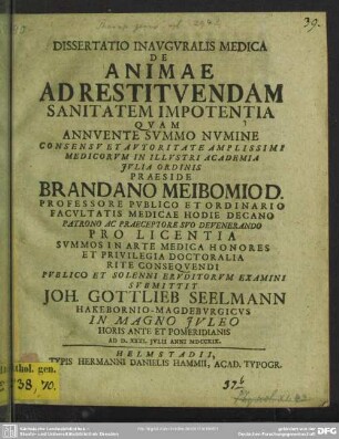 Dissertatio Inauguralis Medica De Animae Ad Restituendam Sanitatem Impotentia