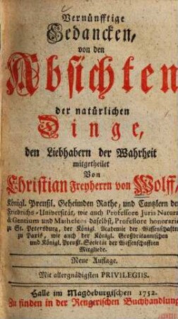 Vernünfftige Gedancken von den Absichten der natürlichen Dinge