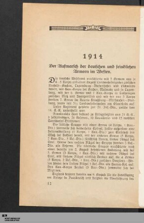 1914. Der Aufmarsch der deutschen und feindlichen Armeen im Westen