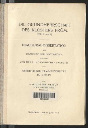 Die Grundherrschaft des Klosters Prüm : (Teil I und II)