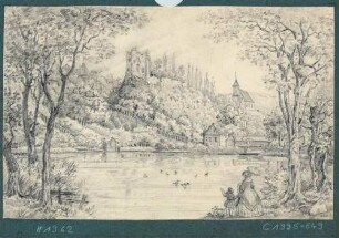 Tharandt, Blick über den Schlossteich auf die Burgruine und die Berg- und Stadtkirche