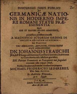 Discursus Juris Publici De Germanicae Nationis In Hodierno Imperii Romani Statu Praeeminentia