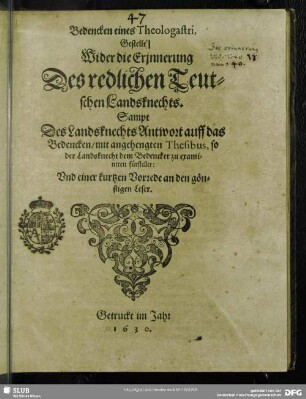 Bedencken eines Theologastri, Gestellt Wider die Erinnerung Des redlichen Teutschen Landsknechts