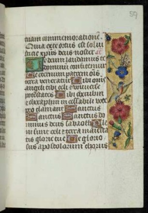 Trompe l'oeil-Randbordüre mit Blütenzweigen; (Psalm 138), Zierinitiale: T(e deum laudamus)