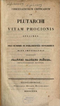 Observationum criticarum in Plutarchi Vitam Phocionis specimen