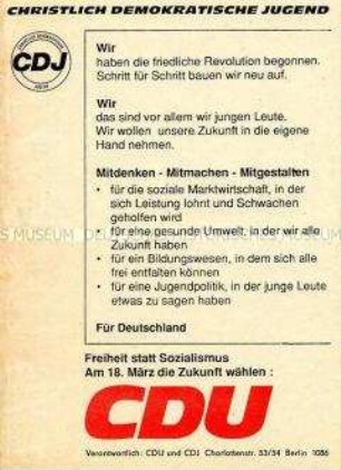 Wahlflugblatt der CDJ gemeinsam mit der CDU Berlin zur Volkskammerwahl am 18. März 1990 in der DDR
