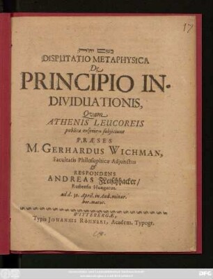 Disputatio Metaphysica De Principio Individuationis