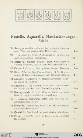 Pastelle, Aquarelle, Handzeichnungen, Stiche (Nr. 789-810)