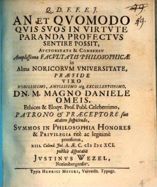 An et quomodo quis suos in virtute comparanda profectus sentire possit, disp.