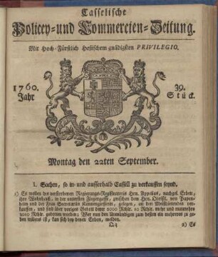 39. Stueck, Montag den 22ten September 1760