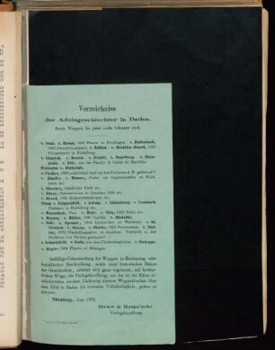Verzeichniss der Adelsgeschlechter in Baden, deren Wappen bis jetzt nicht bekannt sind.