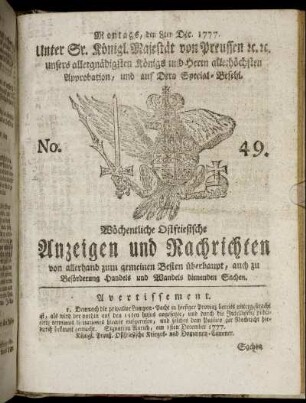 No. 49. Montags, den 8ten Dec. 1777.