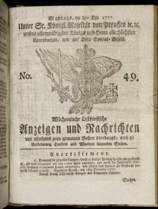 No. 49. Montags, den 8ten Dec. 1777.