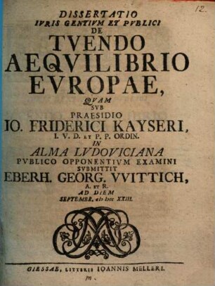 Dissertatio Ivris Gentivm Et Pvblici De Tvendo Aeqvilibrio Evropae