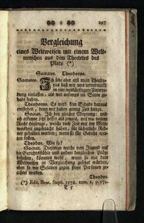 Vergleichung eines Weltweisen mit einem Weltmenschen aus dem Theetetes des Plato: Socrates. Theodorus