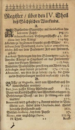 Register/ über den IV. Theil deß Sächsischen Witekinds.