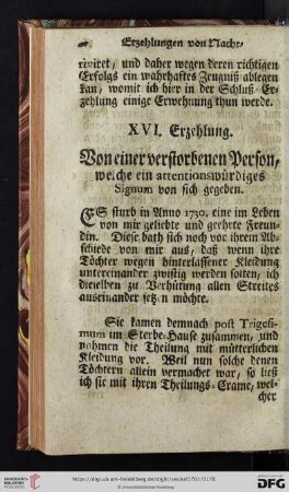 XVI. Erzehlung: Von einer verstorbenen Person, welche ein attentionswürdiges Signum von sich gegeben