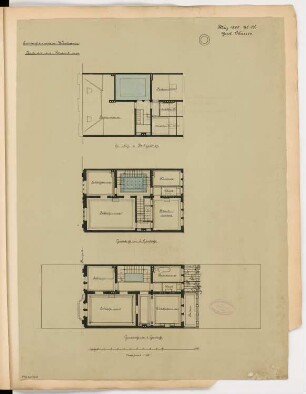 Städtisches Wohnhaus, Berlin Monatskonkurrenz März 1888: Grundriss 1. und 2. Obergeschoss, Dachgeschoss 1:100; Maßstabsleiste
