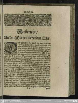 Vorbericht, An den Warheit-liebenden Leser