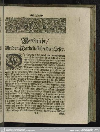 Vorbericht, An den Warheit-liebenden Leser