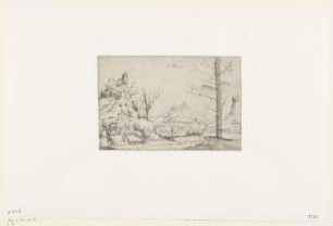 Landschaft mit hohem Felsen und einer Burg