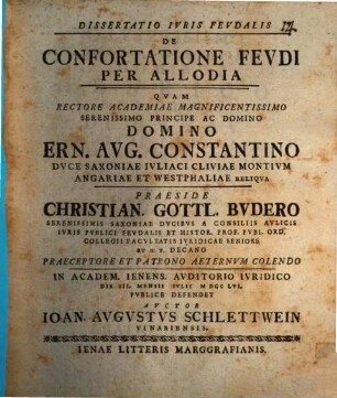 Dissertatio Ivris Fevdalis De Confortatione Feudi Per Allodia