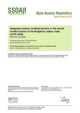 Bulgarian women medical doctors in the social modernization of the Bulgarian nation state (1878-1944)