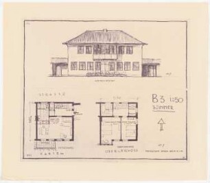 Gesamtbebauungsplan Ankara Ankara Kooperatifi. Haustypen: (2. Lichtpause von Inv.Nr. 23209 und 23210), Vorstufe Typ B3, Doppelhaus 3 Zimmer, Grundriss Erdgeschoss und Obergeschoss 1:50
