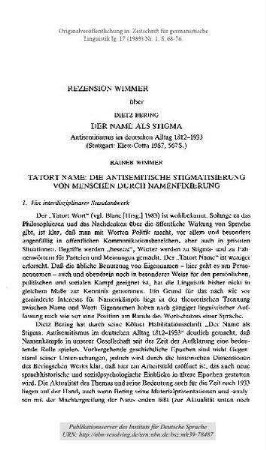 Tatort Name: Die antisemitische Stigmatisierung von Menschen durch Namenfixierung. Dietz Bering: Der Name als Stigma. Antisemitismus im deutschen Alltag 1812-1933 [Rezension]