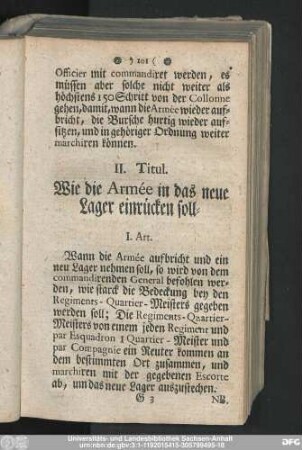 II. Titul. Wie die Armée in das neue Lager einrücken soll-