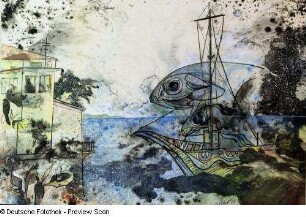 Konstruktive Küstenlandschaft mit Boot, 2 Fischen und Häusern