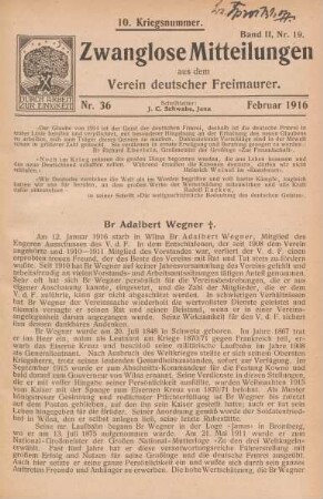 Nr. 36 Februar 1916 10. Kriegsnummer. Band II, Nr. 19.