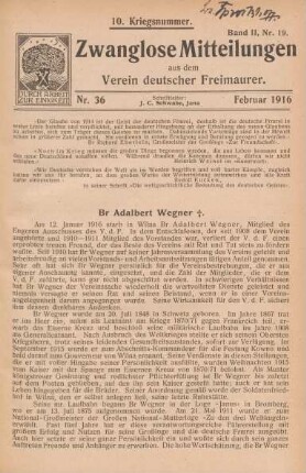 Nr. 36 Februar 1916 10. Kriegsnummer. Band II, Nr. 19.