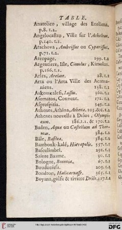 Table des Villes, & principaux lieux dont il est parlé dans les deux volumes precedens