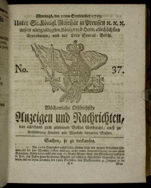 No. 37. Montags, den 10ten September 1759.