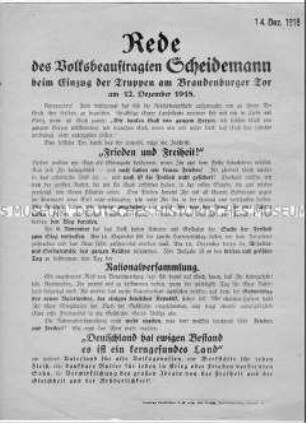 Flugblatt mit dem Wortlaut der Rede von Philip Scheidemann anlässlich des Einzuges des Truppen in Berlin