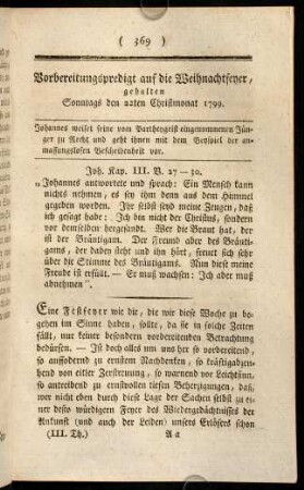 369-379, Vorbereitungspredigt auf die Weihnachtsfeyer, gehalten Sonntags den 22ten Christmonat 1799.