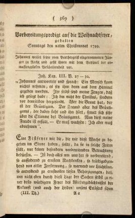 369-379, Vorbereitungspredigt auf die Weihnachtsfeyer, gehalten Sonntags den 22ten Christmonat 1799.