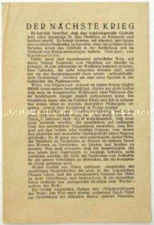 Antikriegsflugschrift der Republikanischen Freischaren mit dem Text "Der nächste Krieg" von Maxim Gorki