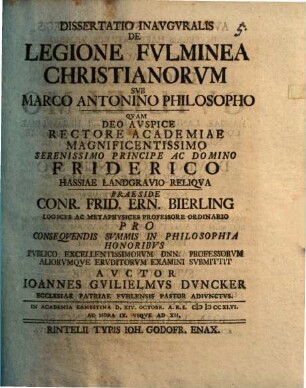 Diss. inaug. de legione fulminea Christianorum sub Marco Antonino philosopho