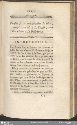 Pensées sur la multiplication du Nitre, envoyées par M. le D. Pietsch, pour être jointes à sa Dissertation