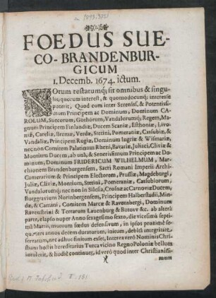 Foedus Sueco-Brandenburgicum 1. Decemb. 1674. ictum.
