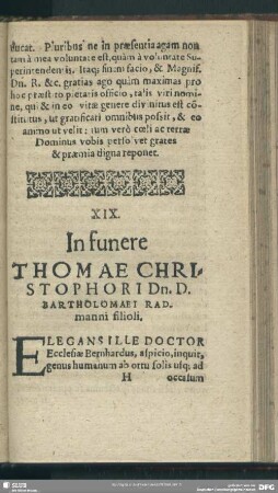 XIX. In funere Thomae Christophori Dn. D. Bartholomaei Radmanni filioli
