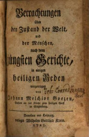 Betrachtungen über den Zustand der Welt, und der Menschen, nach dem jüngsten Gerichte