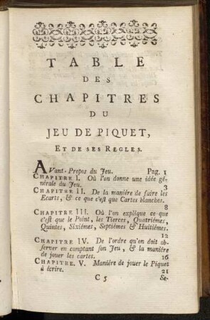 Table des Chapitres du Jeu de Piquet, et de ses Regles.