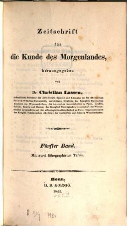Zeitschrift für die Kunde des Morgenlandes. 5. 1844