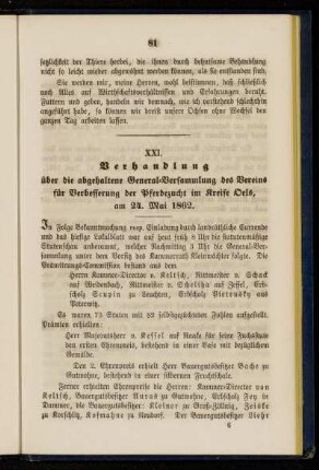XXI. Verhandlung über die abgehaltene General-Versammlung des Vereins für Verbesserung der Pferdezucht im Kreise Oels, am 24. Mai 1862