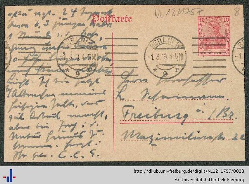 Postkarte von Eiffe vom 01.03.1919.